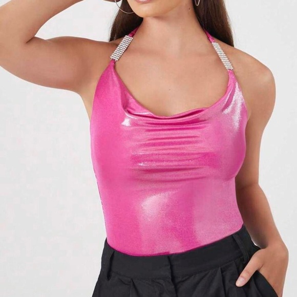 NWTS Forever 21 Pink Metallic Cowl Neck Rhinestone Bodysuit Size XS - Picture 1 of 4